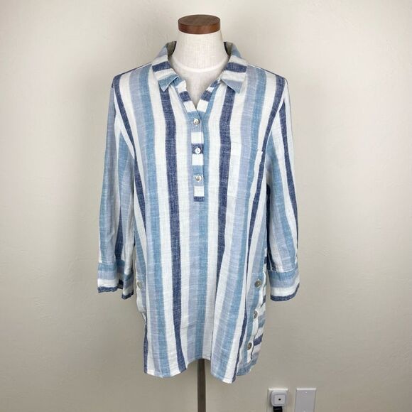 Habitat Linen Tunic Stripe Print Top - Blue & White - Picture 2 of 7